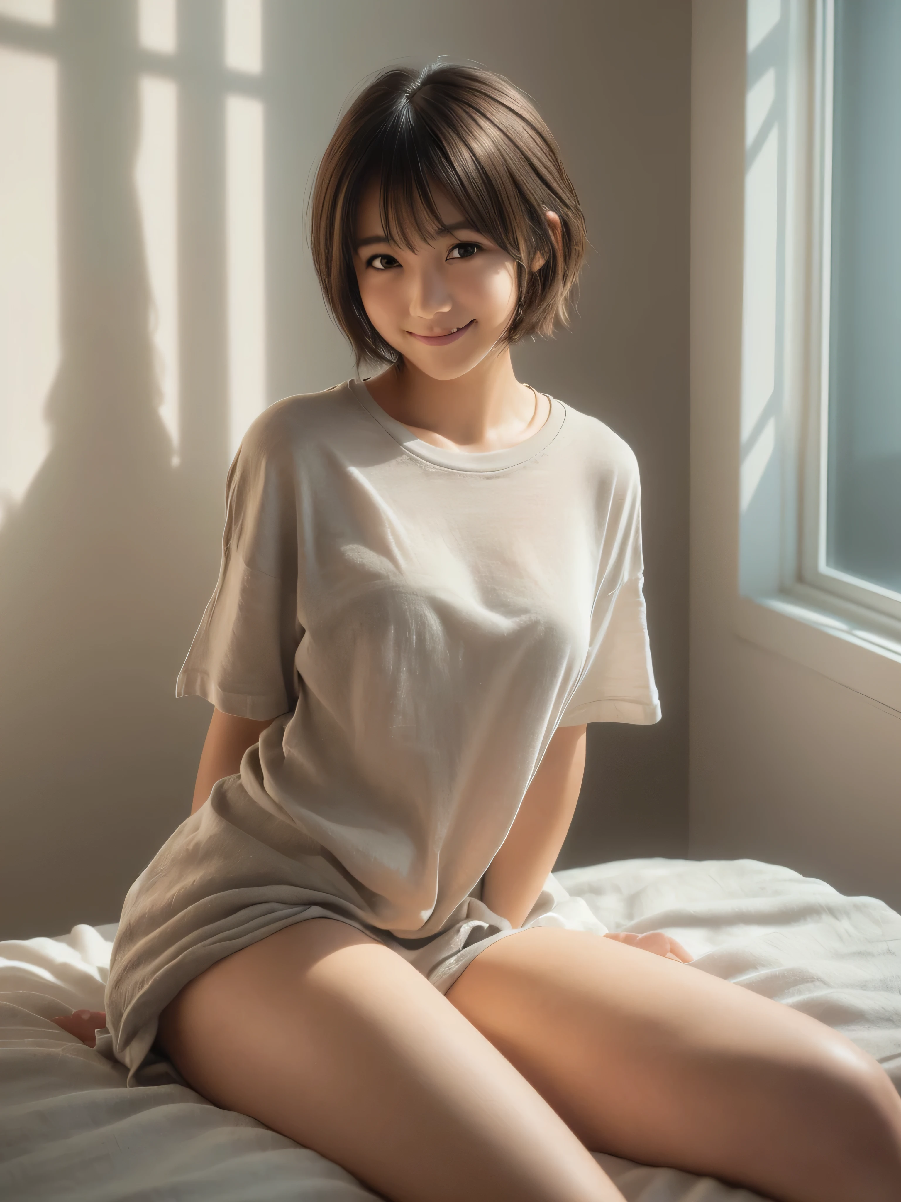 NSFW、highest quality、8K、no makeup、masterpiece、clear pictures、ultra high resolution、professional lighting、Natural light、smile、super slender、delicate body、A cute boy:1.6、baby face:1.6、small breasts、white skin、short bob cut、brown hair、Wearing a wet white shirt:1.6、soaking wet:1.8、man in white panties、full body shot:1.6