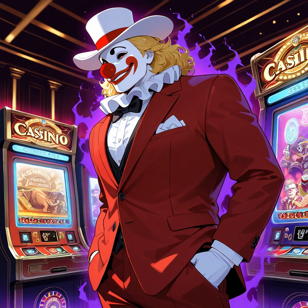 Highest quality,masterpiece,Overwhelmingly strong,male clown , Red and White Silk Hat, blonde with perm ,Red suit, Devil's Smile ,Orange rhinoceros , slot machine ,Casino Background, dark aura effect 