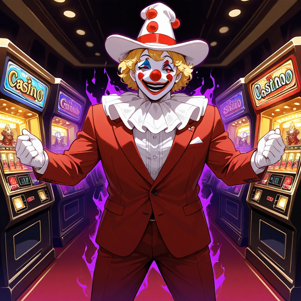 Highest quality,masterpiece,Overwhelmingly strong,male clown , Red and White Silk Hat, blonde with perm ,Red suit, Devil's Smile ,Orange rhinoceros , slot machine ,Casino Background, dark aura effect 