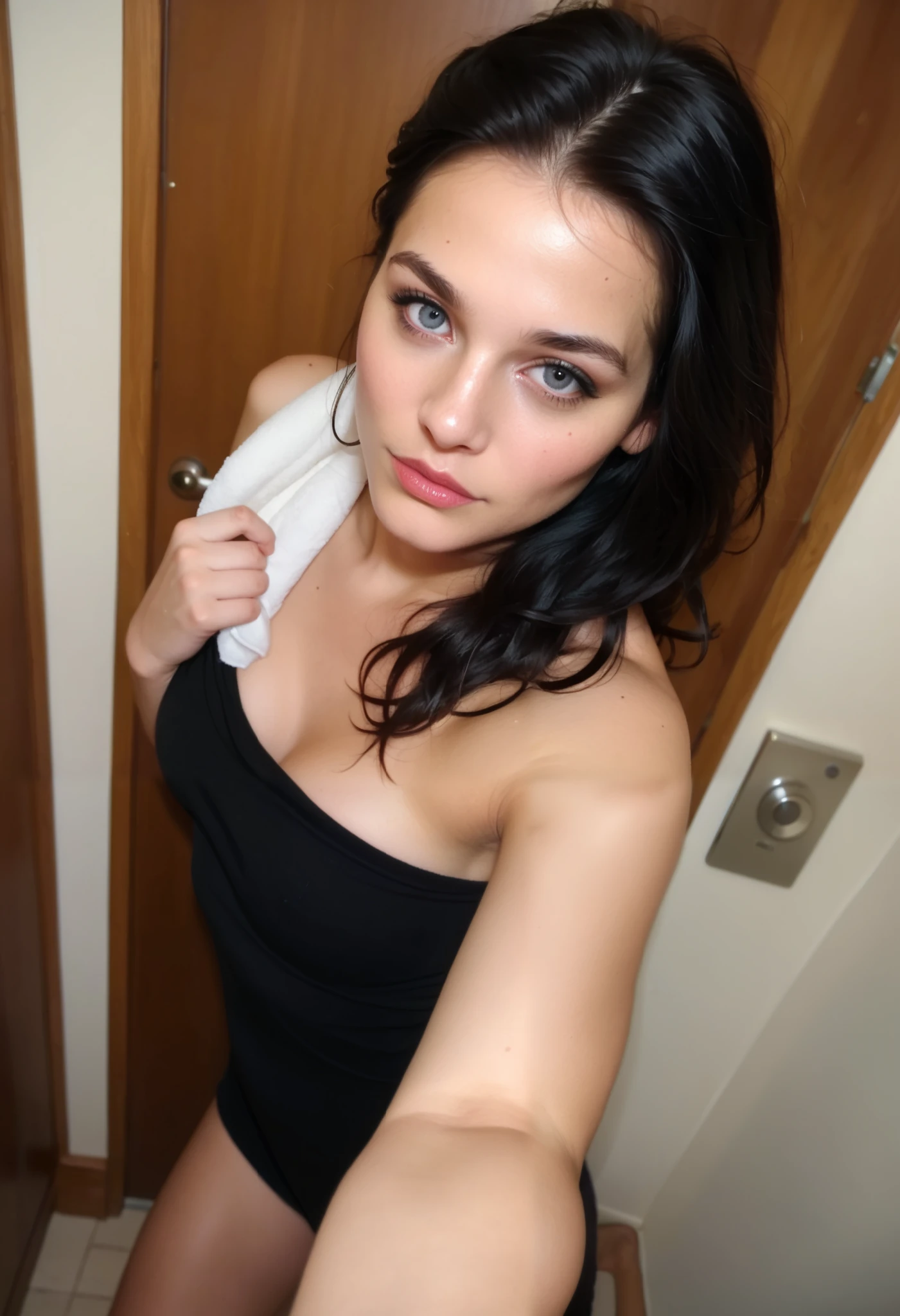 score_9, score_8_above, score_7_above, Photo, woman, , towel, Porch of the house, rare angle selfie , is, granulated, amador, low resolution , nostalgia from the 2000s, selfie Photo, Photodo celular, black hair e longo, black hair, black hair color, black eyes,, attractive