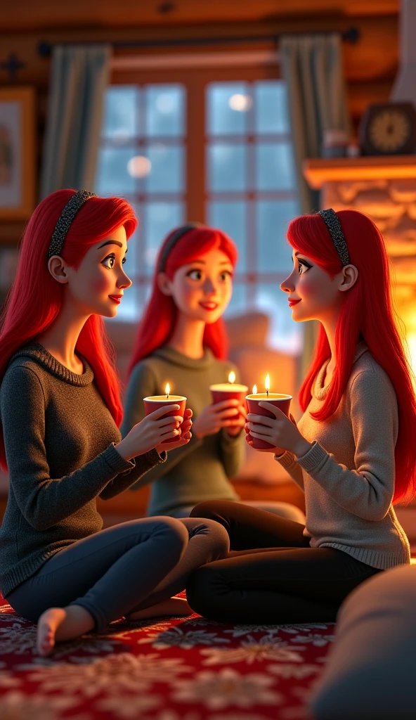The scene is in a warmly lit cabin with snow outside. Three slender, gorgeous redhead women, one wearing reading glasses, are relaxing by the fireplace and drinking hot chocolates. High quality, 4k, no extra limbs, different hairstyles, in the style of pixar animation