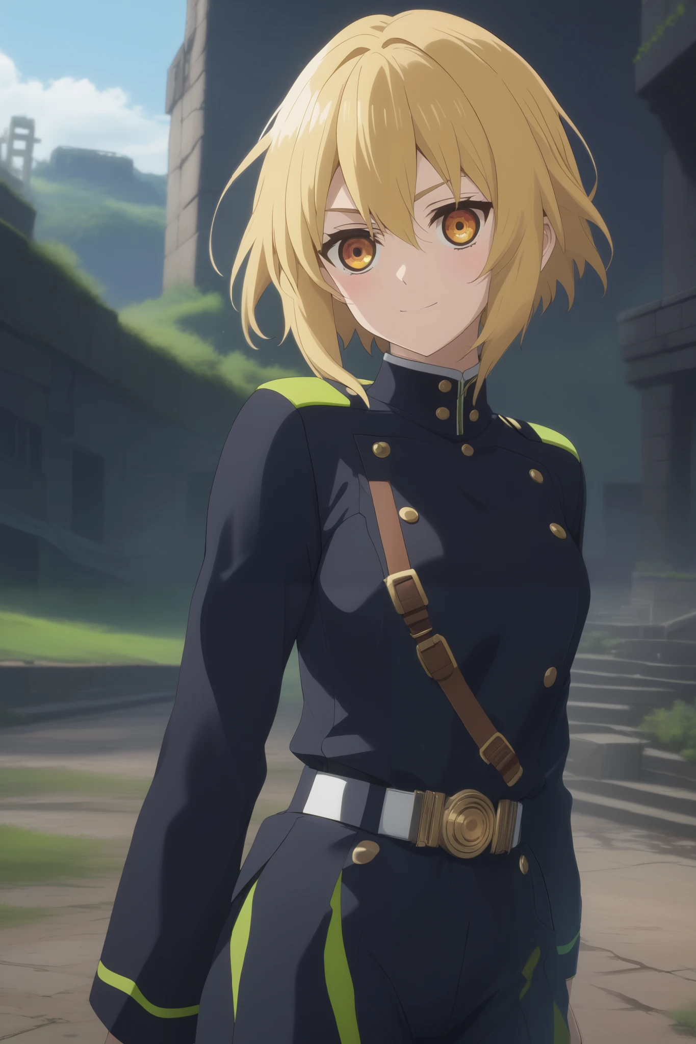 score_9, score_8_up, score_7_up, source_anime,  intricate details , (3d:0.4), ,  1 girl fights,  blonde , solo, female focus, светло-yellow hair,  amber eyes,  big amber-colored eyes ,  short blond hair ,  Hair between eyes,  sci-fi space opera, short bob hair , bangs, yellow hair, smile, blushed, black uniform, Breasts,  thin waist,  slender legs , trousers
Background :  house ruins , закат, sky, silvery clouds , dust