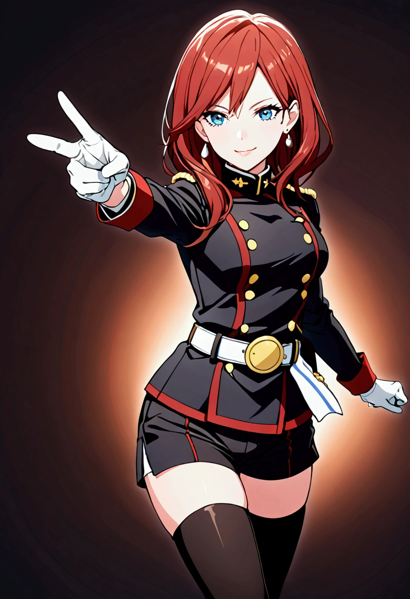 1 girl, alone, looking at viewer, smile, medium hair, long hair, open mouth, blue eyes, dark red hair, thigh highs, gloves, jewelry, earrings, shorts, belt, black thigh highs, white gloves, uniform, military, military uniform, thigh high boots, black shorts, pointing,