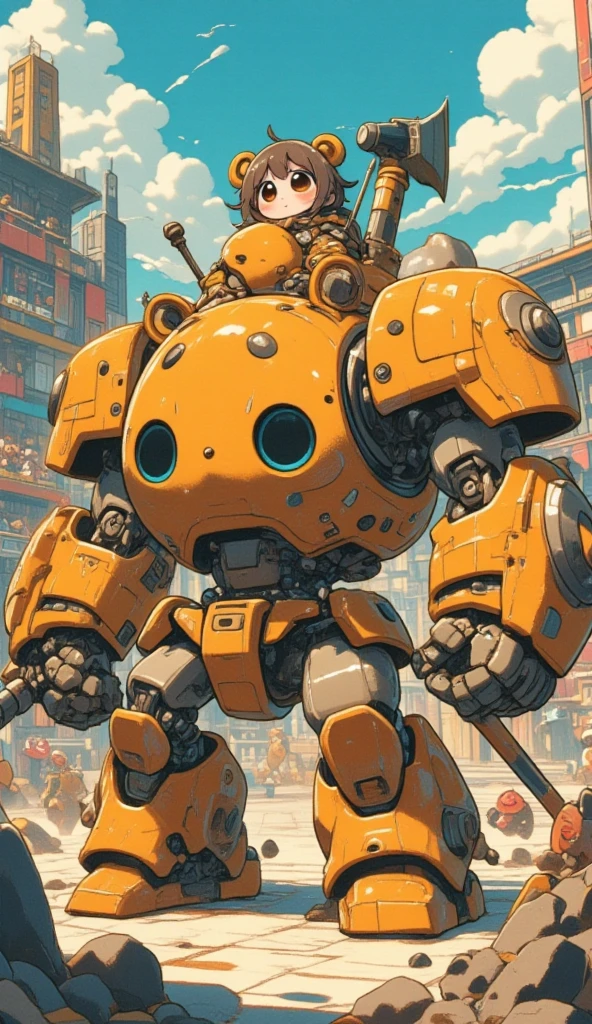 A cute bear shaped robot, it has the head and the body of a fat bear. The robot is holding a mace and a shield. On top of the robot sits a girl as its pilot. The robot struck a battle pose inside an arena