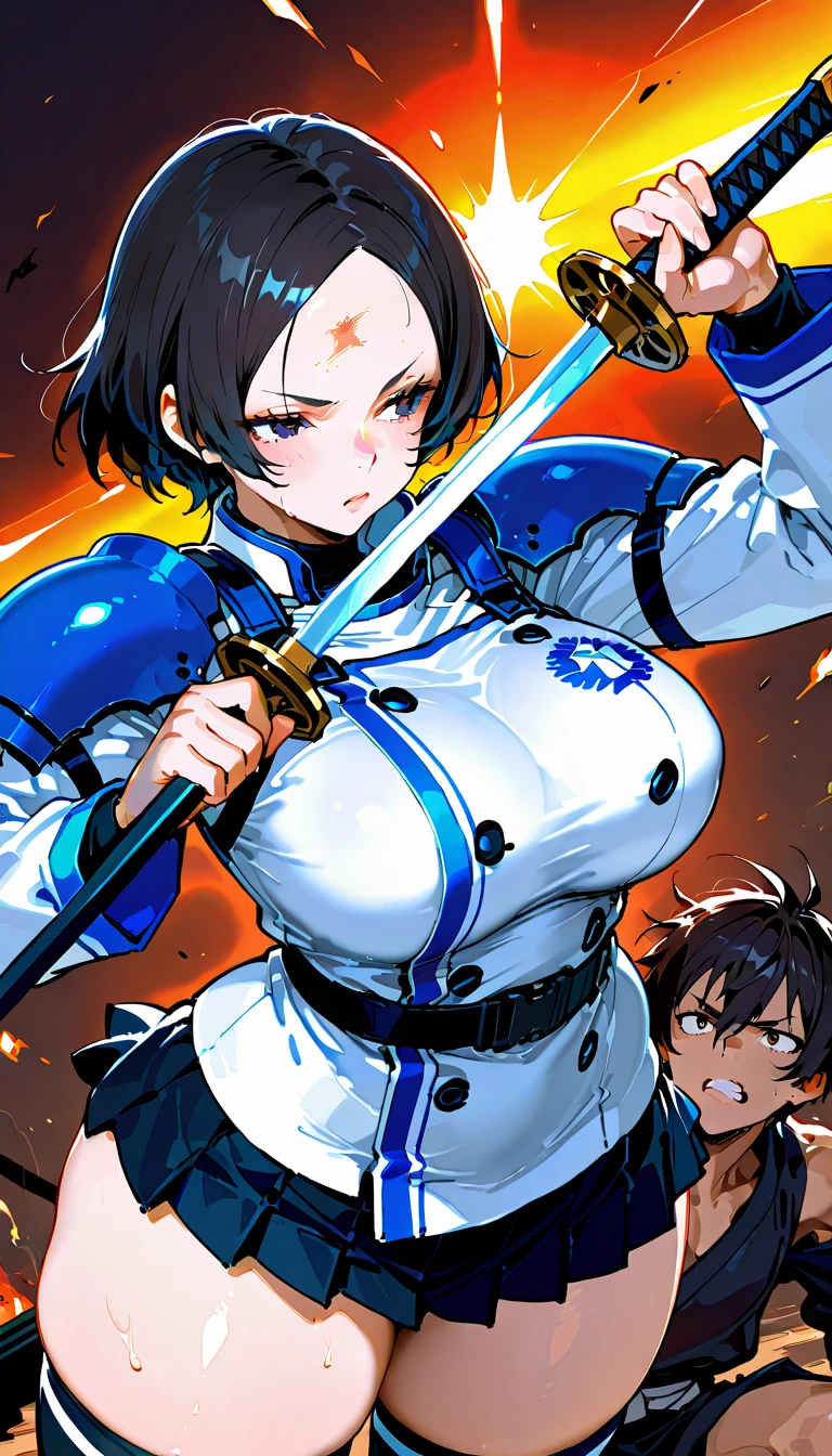 score_9, score_8_ up, score_7_ up,( High Quality , high res), black hair, Straight and long, [[ separate them in the middle ]], Forehead,(Nippon Armor ,Chest), white kimono,  black miniskirt, knee socks, Big Breasted , Dark Eyes, Close eyes , ( curvy body on the body), holding a sword , During combat,((cowboy shot)), SimplePositiveXLV2 