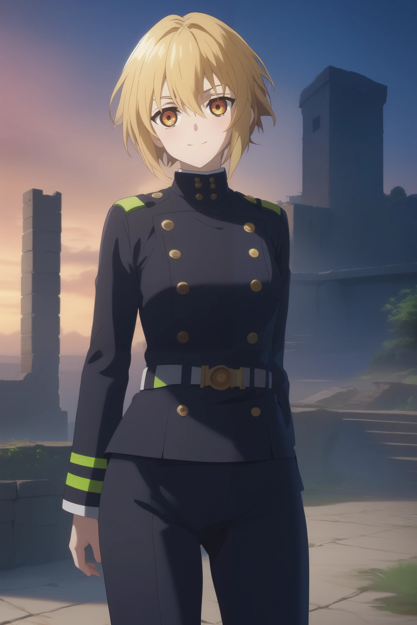 score_9, score_8_up, score_7_up, source_anime,  intricate details , (3d:0.4), ,  1 girl fights,  blonde , solo, female focus, светло-yellow hair,  amber eyes,  big amber-colored eyes ,  short blond hair ,  Hair between eyes,  sci-fi space opera, short bob hair , bangs, yellow hair, smile, blushed, black uniform, Breasts,  thin waist,  slender legs , trousers
Background :  house ruins , закат, sky, silvery clouds , dust