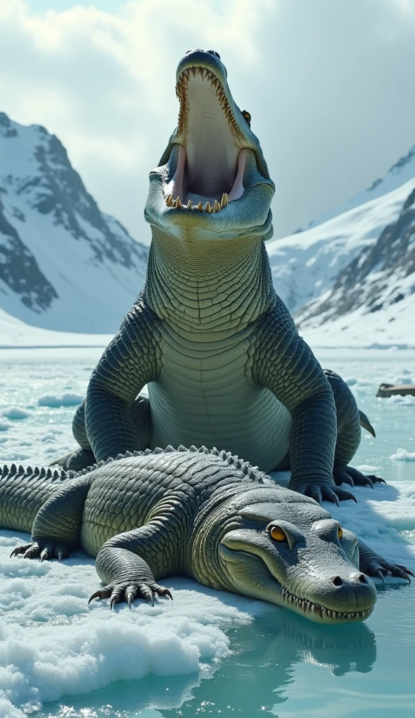 An intense and cinematic wildlife confrontation set in the icy Arctic tundra. A massive crocodile, with rough, scaly skin glistening under the cold light, stands tall and dominant, its enormous jaws wide open in a menacing roar, revealing sharp, jagged teeth. The crocodile’s body is imposing, its powerful legs firmly planted on the icy surface, exuding primal strength and ferocity.

Beneath the crocodile lies a lifeless anaconda, its thick, muscular body sprawled on the snow in a motionless state. The anaconda’s smooth, patterned scales shimmer with hues of green and gold, now dulled by the cold and lifelessness. Its body is partially coiled but slack, with no signs of movement, and its head rests at an unnatural angle, eyes closed, signaling its demise. Frost and snow have begun to settle on the anaconda's body, blending it with the frigid environment and emphasizing the stillness of death.

The background features a dramatic frozen wilderness: towering, snow-covered mountains in the distance, an expansive icy field, and patches of turquoise Arctic water glistening under a cloudy, steel-gray sky. The lighting is soft yet dramatic, casting subtle shadows on the ice and accentuating the textures of the crocodile’s scaly hide and the now-frozen body of the anaconda. The scene should feel cold, intense, and raw, emphasizing the stark contrast between the crocodile’s victorious posture and the lifeless form of the anaconda, as well as the untamed beauty of the Arctic environment. Add intricate details to the scales, ice, and snow, with small snowflakes scattered across the ground and faint mist rising from the crocodile’s breath to heighten the realism and atmosphere."
