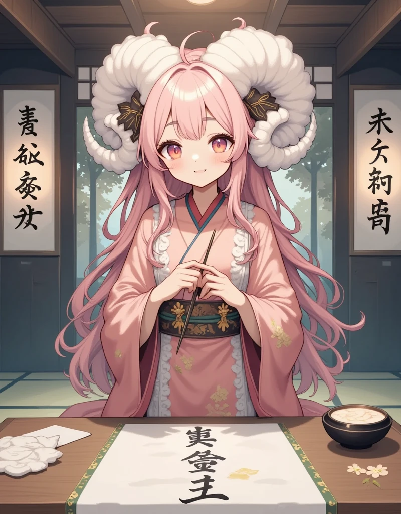 (((UHD, masterpiece, accurate, anatomically correct, super detail, high details, best quality,  highres icon))), 1woman,  long pink fluffy hair , Tying up hair , round sheep horn ,  bright and beautiful kimono ,  sitting upright and writing with a brush, Beginning of calligraphy, "20k view", inkstone, Japanese-style room