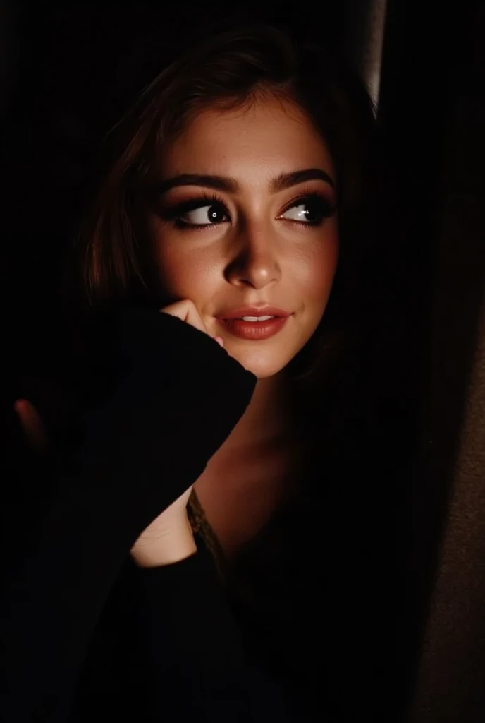 instagram photo, closeup face photo of Chrissy costanza in black sweater, cleavage, pale skin, (smile:0.4), hard shadows
