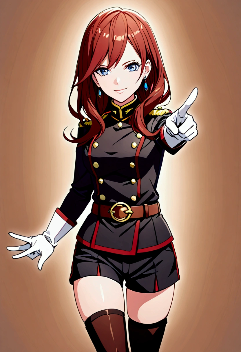 1 girl, alone, looking at viewer, smile, medium hair, long hair, open mouth, blue eyes, dark red hair, thigh highs, gloves, jewelry, earrings, shorts, belt, black thigh highs, white gloves, uniform, military, military uniform, thigh high boots, black shorts, pointing,