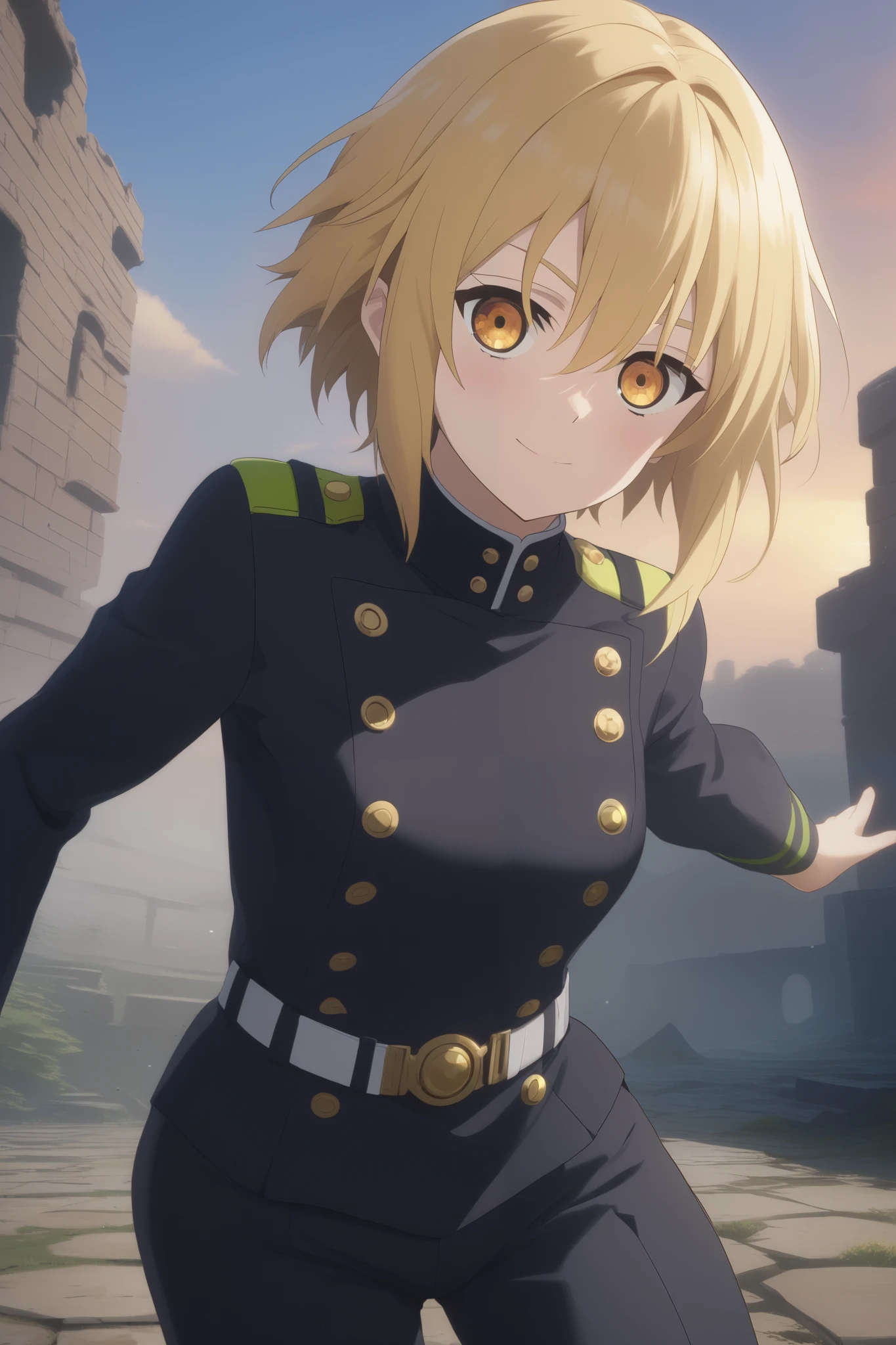 score_9, score_8_up, score_7_up, source_anime,  intricate details , (3d:0.4), ,  1 girl fights,  blonde , solo, female focus, светло-yellow hair,  amber eyes,  big amber-colored eyes ,  short blond hair ,  Hair between eyes,  sci-fi space opera, short bob hair , bangs, yellow hair, smile, blushed, black uniform, Breasts,  thin waist,  slender legs , trousers
Background :  house ruins , закат, sky, silvery clouds , dust