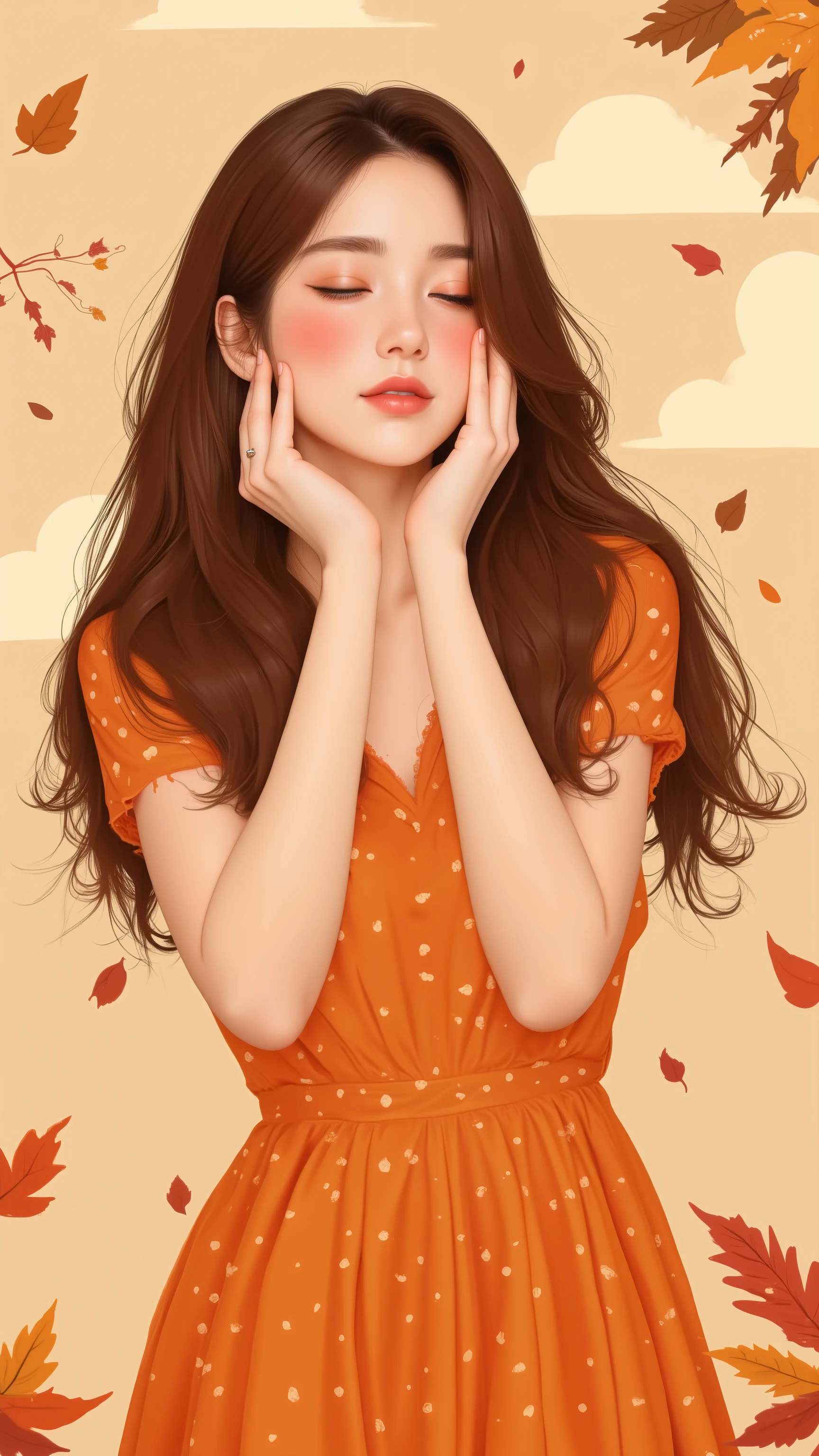 Stylish illustration. Long wavy brown hair and many strands of hair surround her face. She has a calm expression on her rosy cheeks with her eyes closed. She has her hands gently on her cheeks. She is wearing a short-sleeve orange dress with white polka dots. The background is soft and calm beige with a cloudy sky and autumn leaves in orange, brown, and yellow shades surround her. It centers on a woman whose background elements play an important role in improving the mood and background.