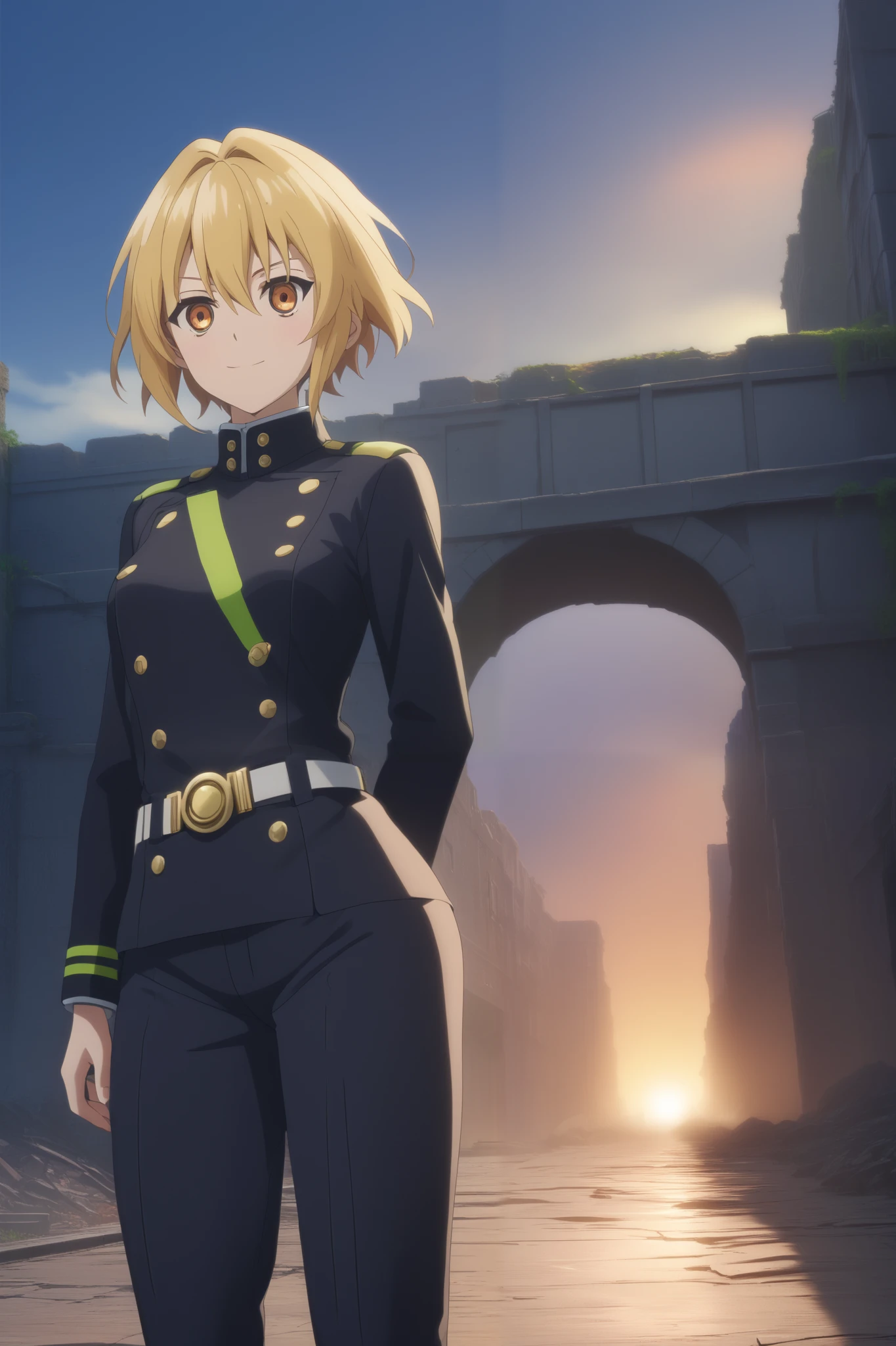 score_9, score_8_up, score_7_up, source_anime,  intricate details , (3d:0.4), ,  1 girl fights,  blonde , solo, female focus, светло-yellow hair,  amber eyes,  big amber-colored eyes ,  short blond hair ,  Hair between eyes,  sci-fi space opera, short bob hair , bangs, yellow hair, smile, blushed, black uniform, Breasts,  thin waist,  slender legs , trousers
Background :  house ruins , закат, sky, silvery clouds , dust