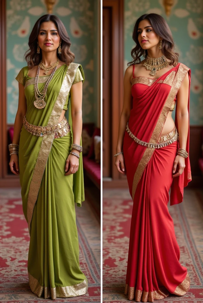 
Two images clothed and naked of a woman in saree, jewellery, standing in a palace