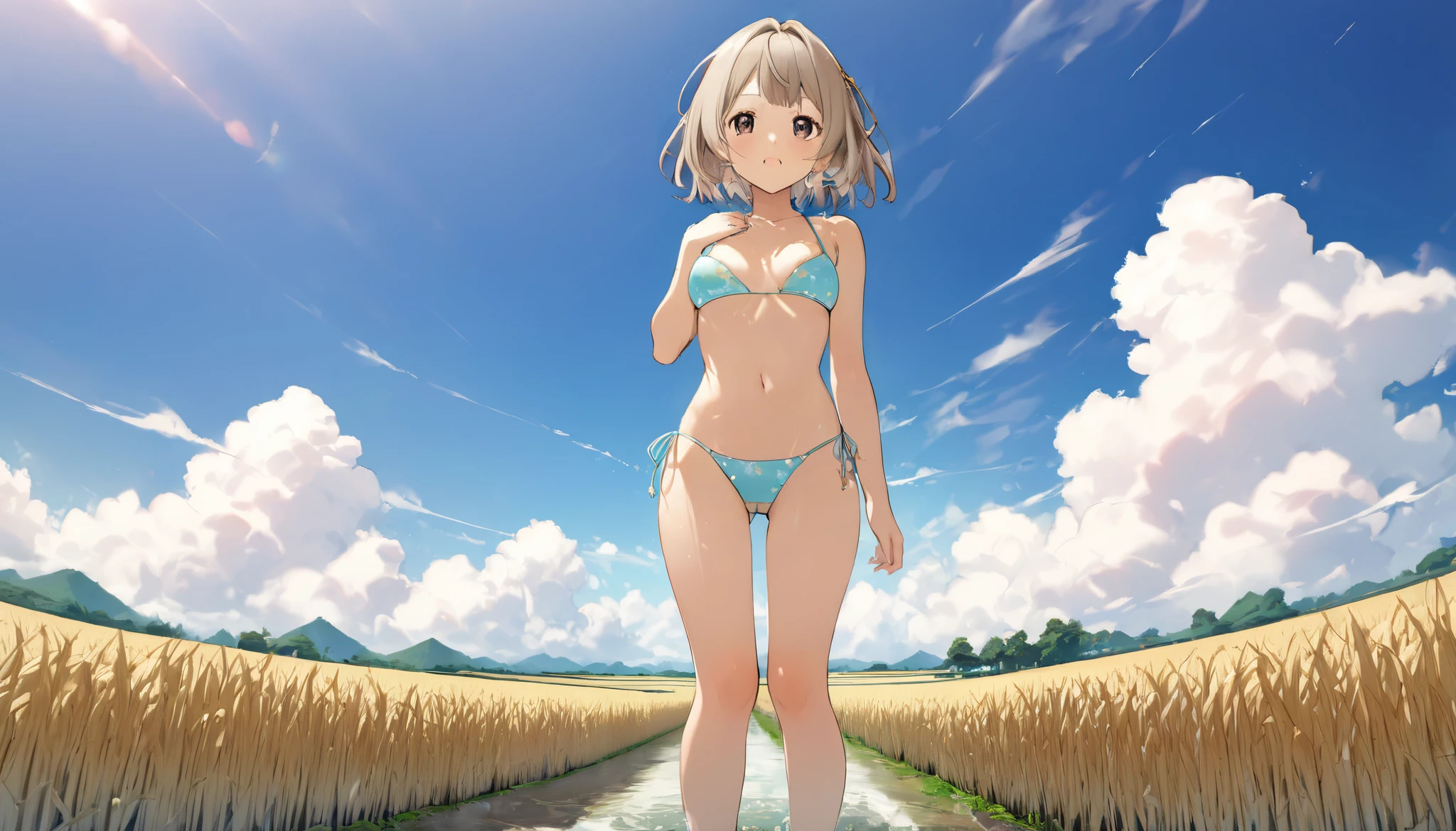 high school girl、 small 、 Hair Bra、 micro swimsuit 、 sunburn、 Mansuji、Rice paddies extend to the horizon 、Clear sky and cumulonimbus clouds