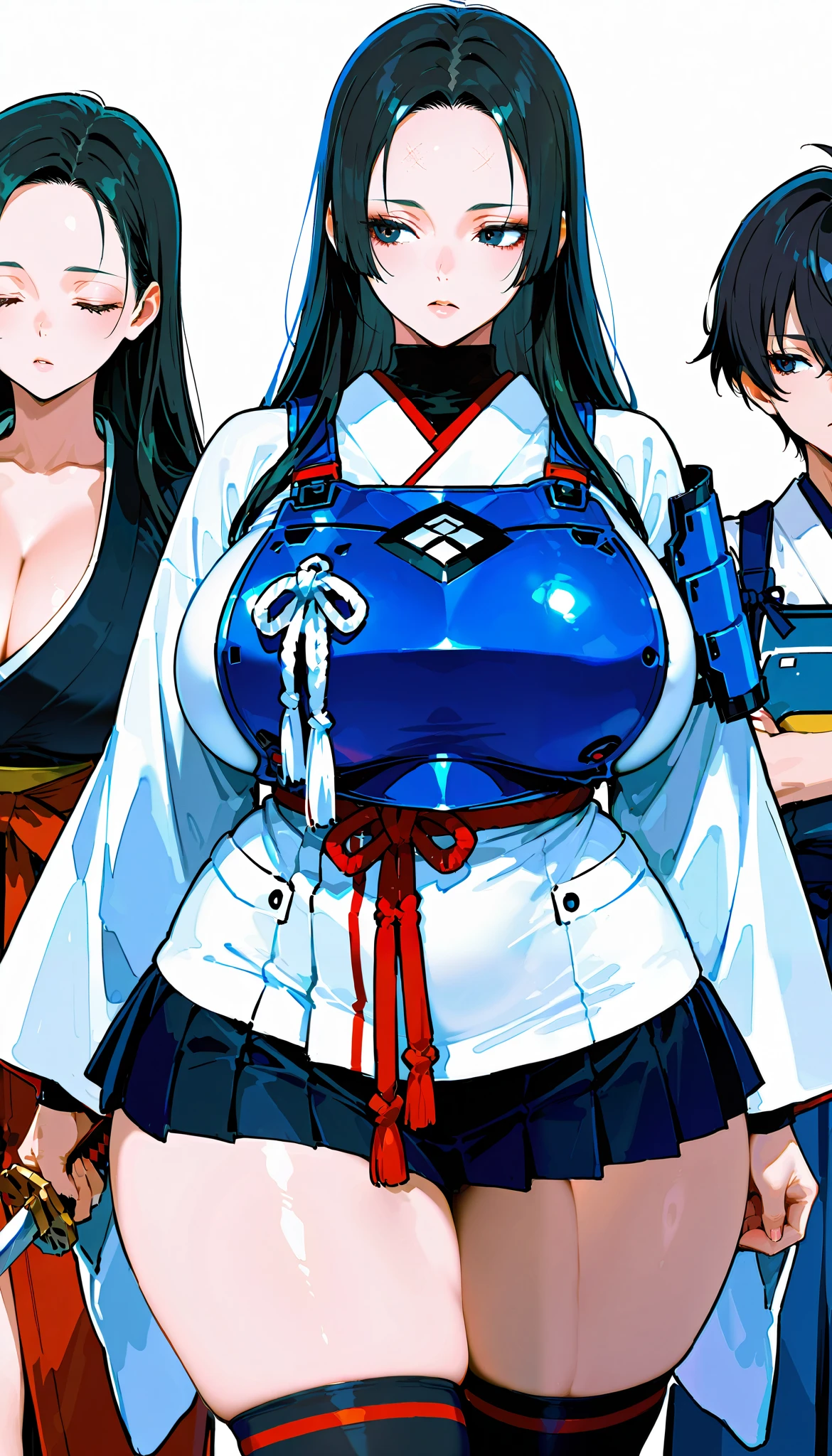 score_9, score_8_ up, score_7_ up,( High Quality , high res), black hair, long hair, [[ separate them in the middle ]], Forehead,(Nippon Armor ,Chest),white kimono,  black miniskirt, knee socks, big breast, Dark Eyes, Close eyes , ( curvy body on the body), holding a sword , During combat,((cowboy shot)), SimplePositiveXLV2 