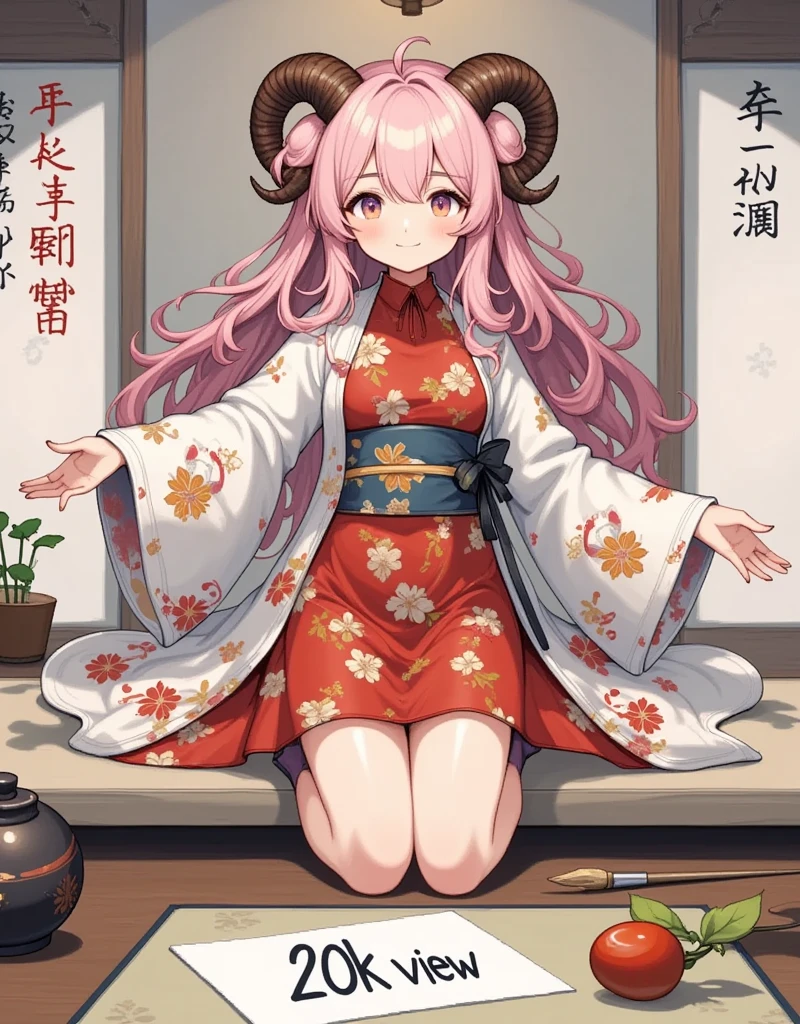 (((UHD, masterpiece, accurate, anatomically correct, super detail, high details, best quality,  highres icon))), 1woman,  long pink fluffy hair , Tying up hair , round sheep horn ,  bright and beautiful kimono , Beautiful long-sleeved kimono,  sitting upright and writing with a brush, Beginning of calligraphy, Written on a white half paper "20k view", inkstone, Japanese-style room