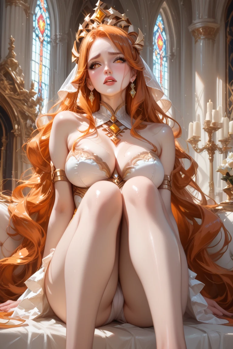 A demon queen very beautiful orange hair orange eyes very big and busty very laciva a divine perfection sitting her legs wide open with her eyes embarrassed in her castle