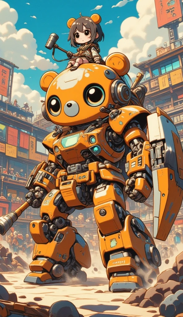 A cute bear shaped robot, it has the head and the body of a fat bear. The robot is holding a mace and a shield. On top of the robot sits a girl as its pilot. The robot struck a battle pose inside an arena