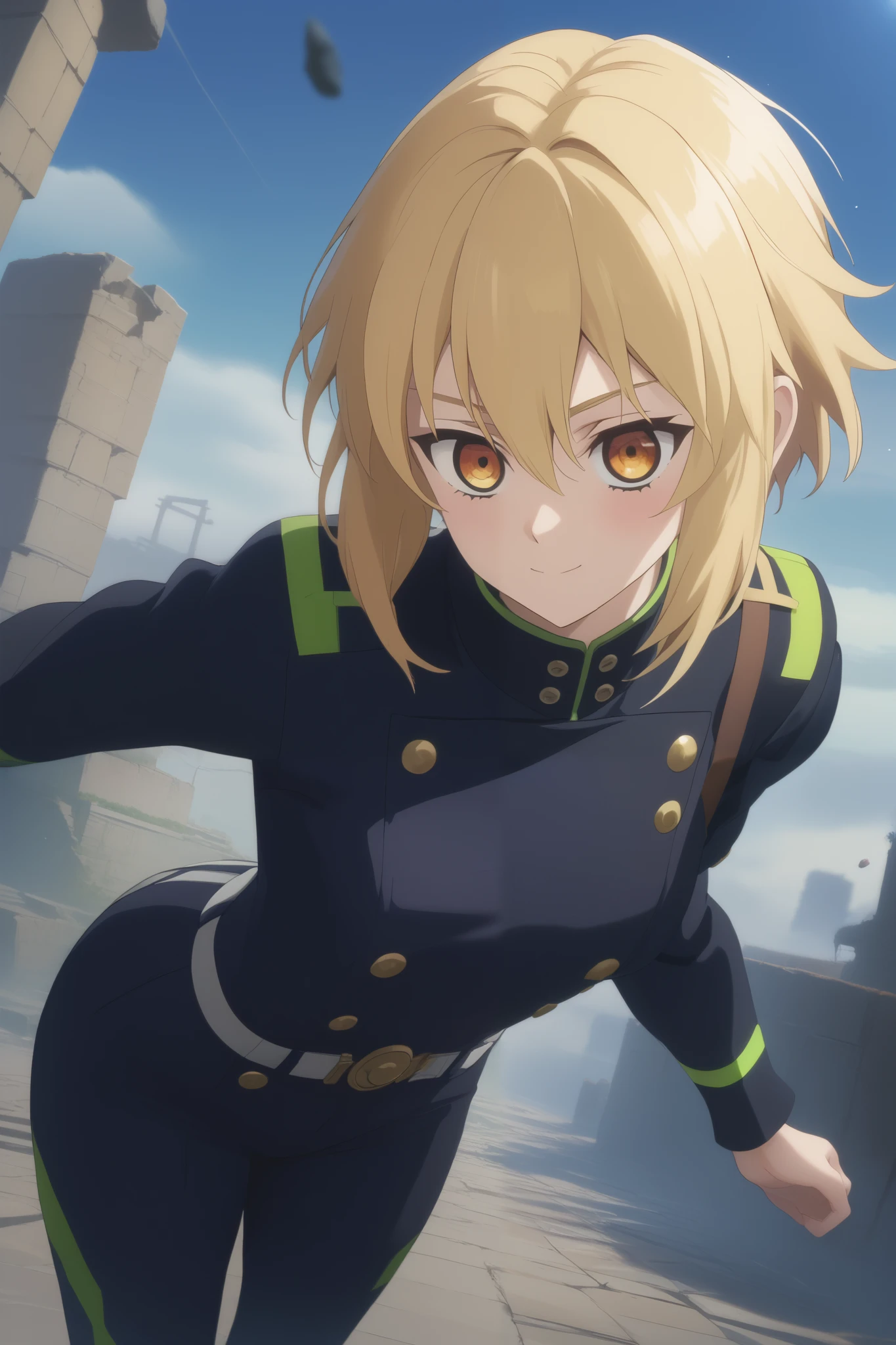 score_9, score_8_up, score_7_up, source_anime,  intricate details , (3d:0.4), ,  1 girl fights,  blonde , solo, female focus, светло-yellow hair,  amber eyes,  big amber-colored eyes ,  short blond hair ,  Hair between eyes,  sci-fi space opera, short bob hair , bangs, yellow hair, smile, blushed, black uniform, Breasts,  thin waist,  slender legs , trousers
Background :  house ruins , закат, sky, silvery clouds , dust