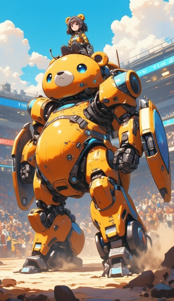 A cute bear shaped robot, it has the head and the body of a fat bear. The robot is holding a shield. On top of the robot sits a girl as its pilot. The robot struck a battle pose inside an arena