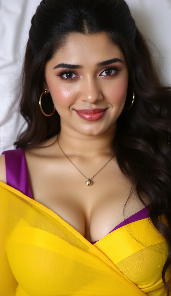 Day scene, close up photo of a sexy  from top view, lying on bed, huge boobs,purple strapless bra and yellow saree, big cheeks, curvy, Hollywood lips, wet navel, deep cleavage, necklace, erotic face, 36 yo, ponytail, look at viewer and smile, showing stubble armpits,(cinematic:1.3), intricate details, (ArtStation:1.2)