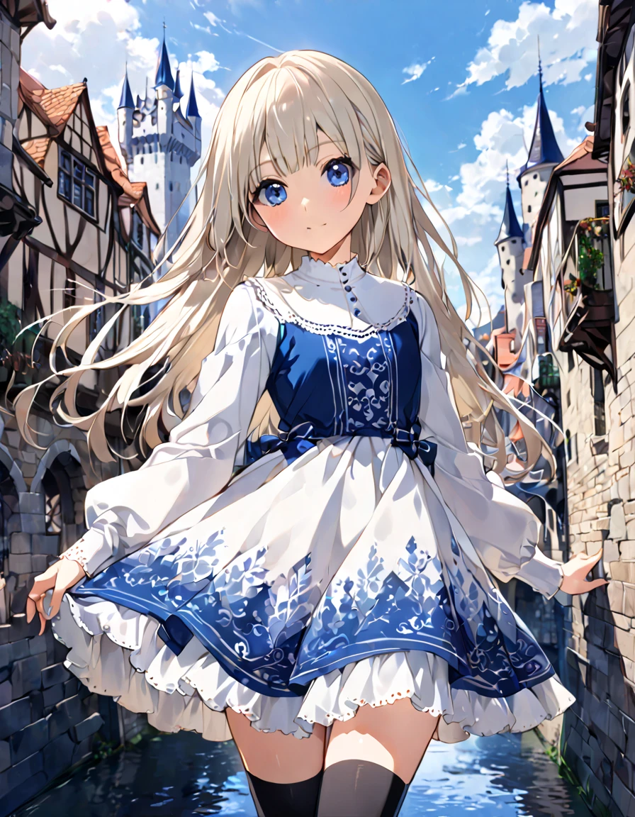 "A **-****-*** girl with a cute and youthful face. She is wearing a modest yet luxurious and beautiful long blue and white dress. She has black thigh-high socks that reach up to her thighs. Her hair is short, straight, and platinum blonde. The background features a medieval-style castle town with canals running through it."