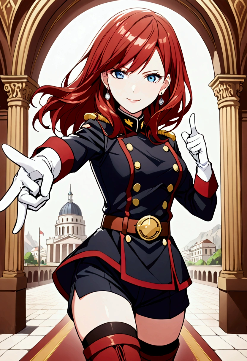 1 girl, alone, looking at viewer, smile, medium hair, long hair, open mouth, blue eyes, dark red hair, thigh highs, gloves, jewelry, earrings, shorts, belt, black thigh highs, white gloves, uniform, military, military uniform, thigh high boots, black shorts, pointing,