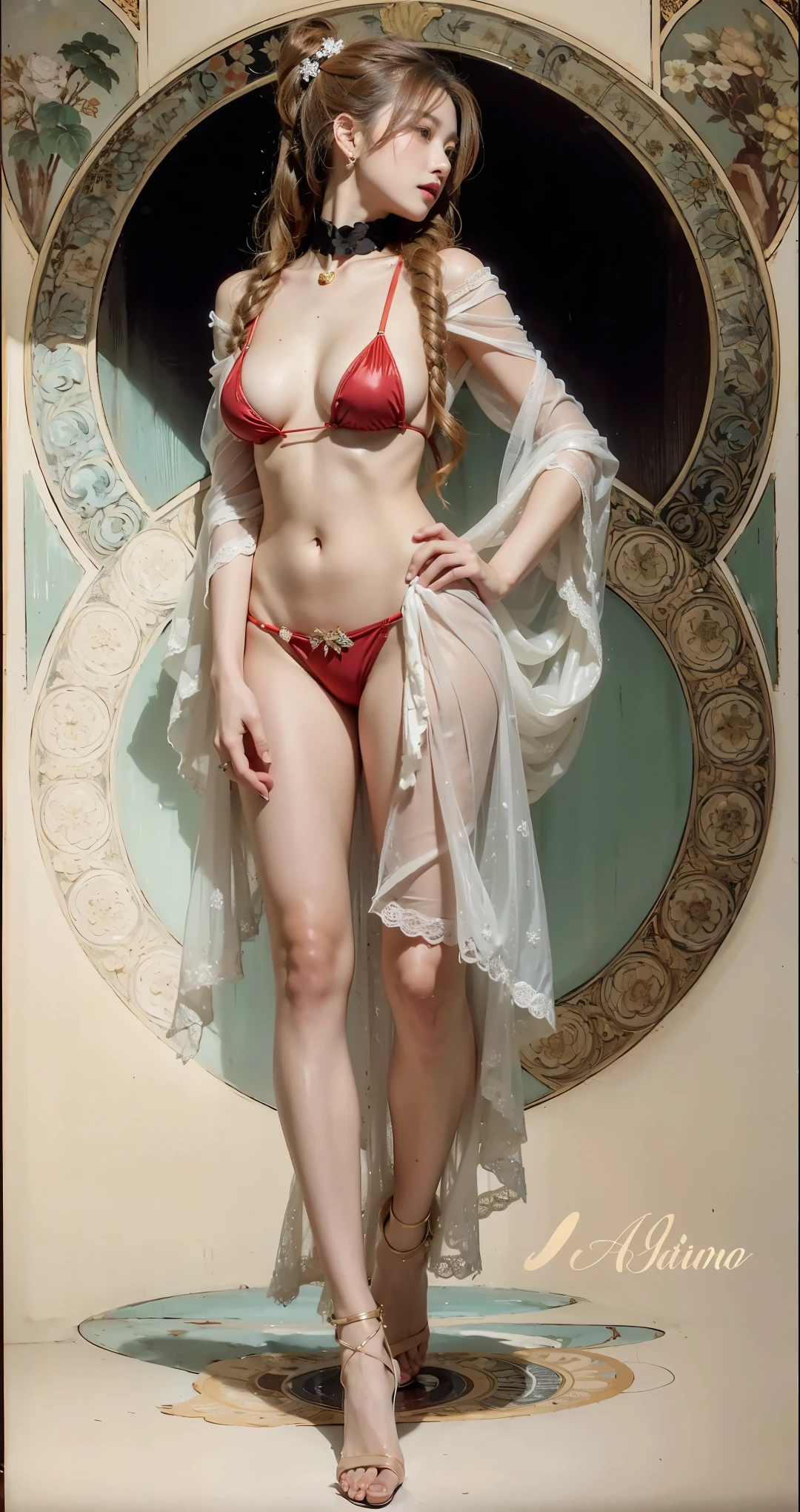 ((最high quality, 8K, masterpiece: 1.3, Ultra HD, high quality, 最high quality, High resolution, realism)) 、A 22-year-old extremely beautiful white woman、Hair color blonde、blue eyeedium Hair、Straight Hair、smile、Slender but well-proportioned, slim and muscular body、Athlete-like body type、I want my head to stay off screen、Wearing accessories on the wrist、Put an anklet on your ankle、Wearing red nail polish、I have a peticure、Belly dancer、It's unparalleled、Art Nouveau landscape on a black background、Alluring expression、Erotic Tech((erotic))Costumes、Belly Dancing