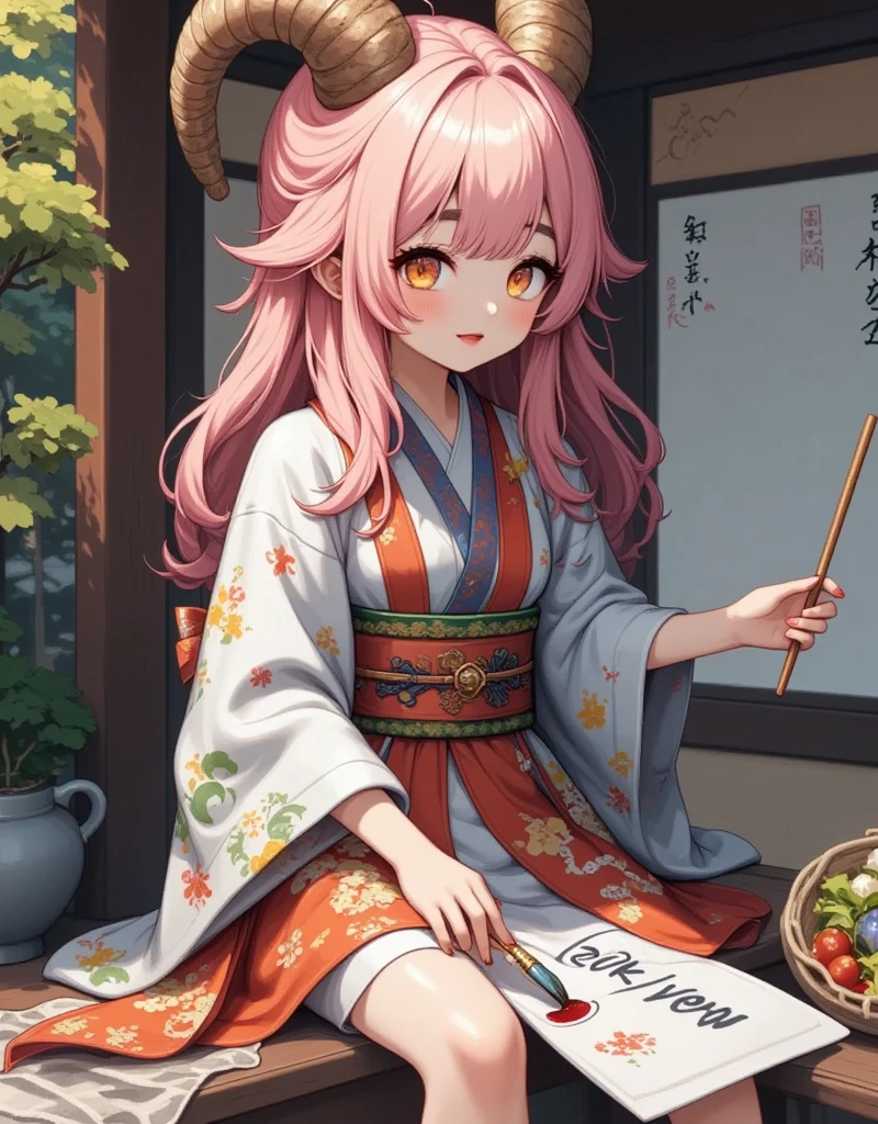 (((UHD, masterpiece, accurate, anatomically correct, super detail, high details, best quality,  highres icon))), 1woman,  long pink fluffy hair , Tying up hair , round sheep horn ,  bright and beautiful kimono , Beautiful long-sleeved kimono,  sitting upright and writing with a brush, Beginning of calligraphy, Written on a white half paper "20k view", inkstone, Japanese-style room