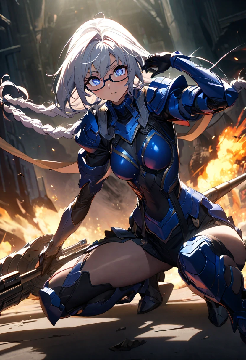 (perfect anatomy),  master piece、 Ultra High Quality、 8k、masterpiece、 top quality 、 super high res、Maximum resolution、 very detailed 、 professional lighting、anime、woman、thin、 very beautiful、(((Highly detailed eyes)))、(((Very beautiful eyes)))、 very detailed face 、 beautiful girl、Glasses、 braids、Heavy Armor、Particle Cannon 、 Powered Armor、 Full Armor、Power Legs 、 Battle Blue Armor