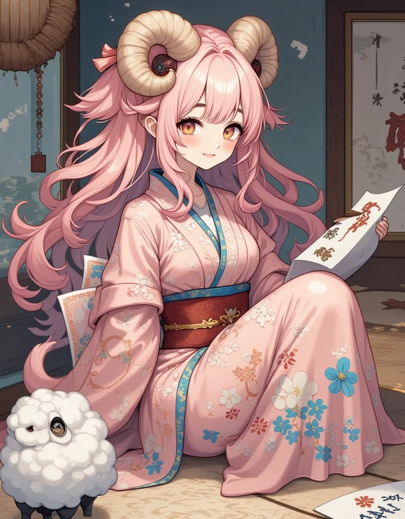 (((UHD, masterpiece, accurate, anatomically correct, super detail, high details, best quality,  highres icon))), 1woman,  long pink fluffy hair , Tying up hair , round sheep horn ,  bright and beautiful kimono , Beautiful long-sleeved kimono,  sitting upright and writing with a brush, Beginning of calligraphy, Written on a white half paper "20k view", inkstone, Japanese-style room