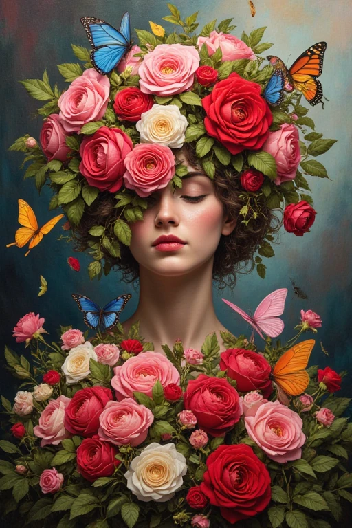 

The image is a vibrant and detailed artwork that appears to be a combination of painting and digital art. The central focus is a human figure whose face is blurred out. Surrounding the figure are numerous colorful elements, including flowers and butterflies. The flowers are predominantly red and pink roses, with green leaves interspersed among them. The butterflies are various colors, including yellow, blue, and orange, adding a dynamic and lively feel to the composition. The background is a mix of dark and light shades, creating a contrast that makes the colorful elements stand out even more. The overall effect is a rich, textured, and visually engaging piece that blends natural elements with human form, evoking a sense of harmony between nature and humanity.