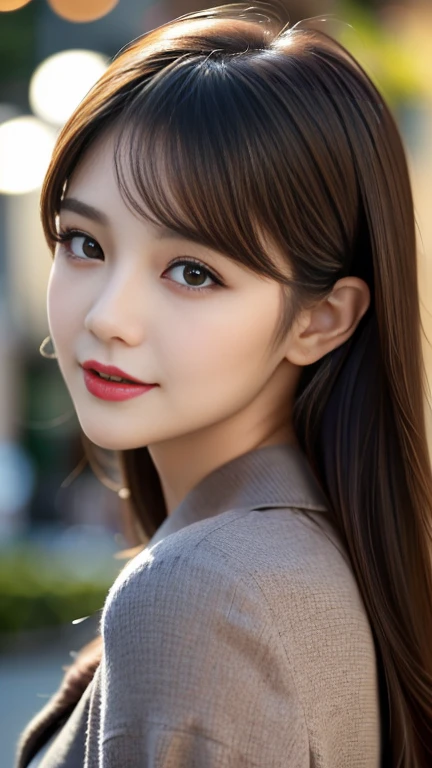 ( Beautiful Slim and Sharp Face ), ( Realistic Brown Eyes :1.28), (( Sharp Eyes :1.2)), ( Perfectly Round Hitomi )　break　 detailed lips :1.3, Dark Red Lips :1.22, ( DARK EYELINER :1.28), ( Perfectly Rounded Eyes :1.3), ( Pretty Eagle Nose :1.2), ( depth of field ), (Cinematic Light), (lens flare), ( dslr ), ( Top Quality Soft Lighting ), (sharp focus by Fujifilm XT3, f 5.6, In dramatic lighting), ( Highest Quality Realistic Textured Skin ), ( Woman with Velvety Skin :1.3), ( Top Quality Realistic Textured Hair ),  bright brown hair (Comb it up to make waves, Behind the ear), (Firm Breasts ),  slim body,  She's the Incarnation of Beauty and Glamour ,  Business-like Outfit , ( Elegant Fashion :1.25),  Closeup Focused on Face {x} pictures、(Close up her face) Filmed in the company、