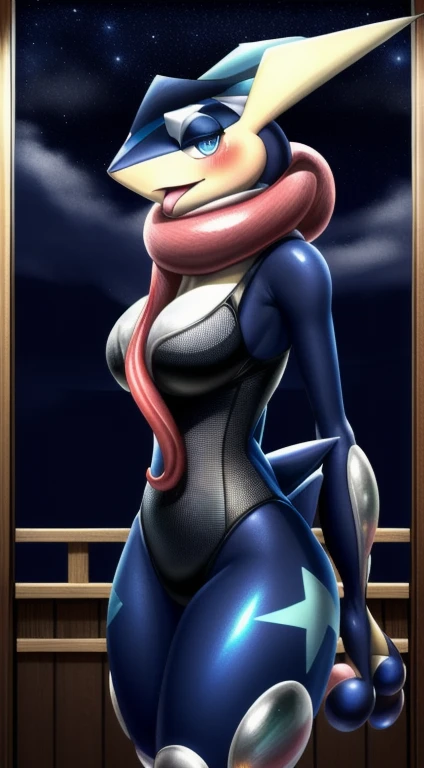 by Zachary911, zackary911, ((( Greninja ,  anthro ,  very detailed,  very detailed legs,  very detailed arms,  very detailed face,  perfectly drawn eyes , Ultra-precise hands,   perfectly detailed anatomy  , Shapely body, woman)): Alone,  curved thighs , Bend, Short tail,  blue eyes, Big Breasts、Cover your mouth with your long tongue、day, Blushed,  staring at viewers with a loving expression,  detailed background, Japanese style room background,Night Sky,   closed mouth ,  Profile from the front, Anxious body language, Full body black mesh swimsuit 