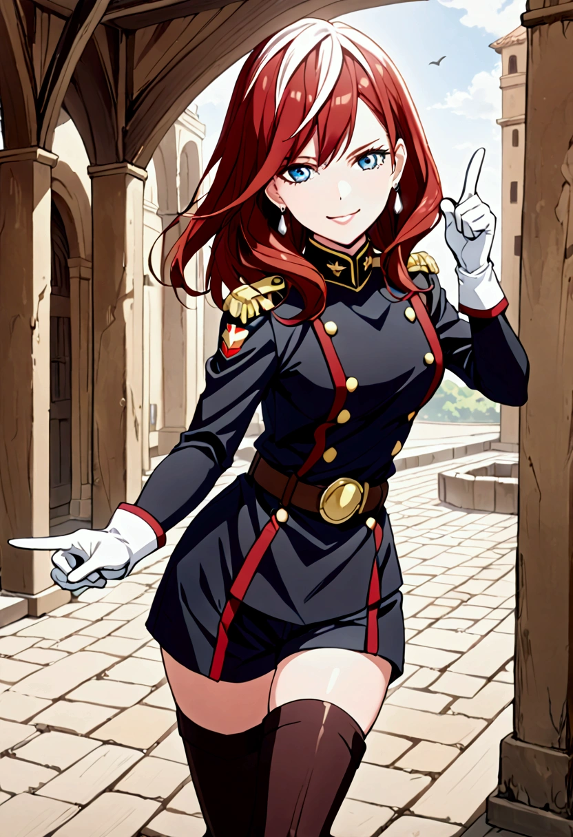 1 girl, alone, looking at viewer, smile, medium hair, long hair, open mouth, blue eyes, dark red hair, thigh highs, gloves, jewelry, earrings, shorts, belt, black thigh highs, white gloves, uniform, military, military uniform, thigh high boots, black shorts, pointing,