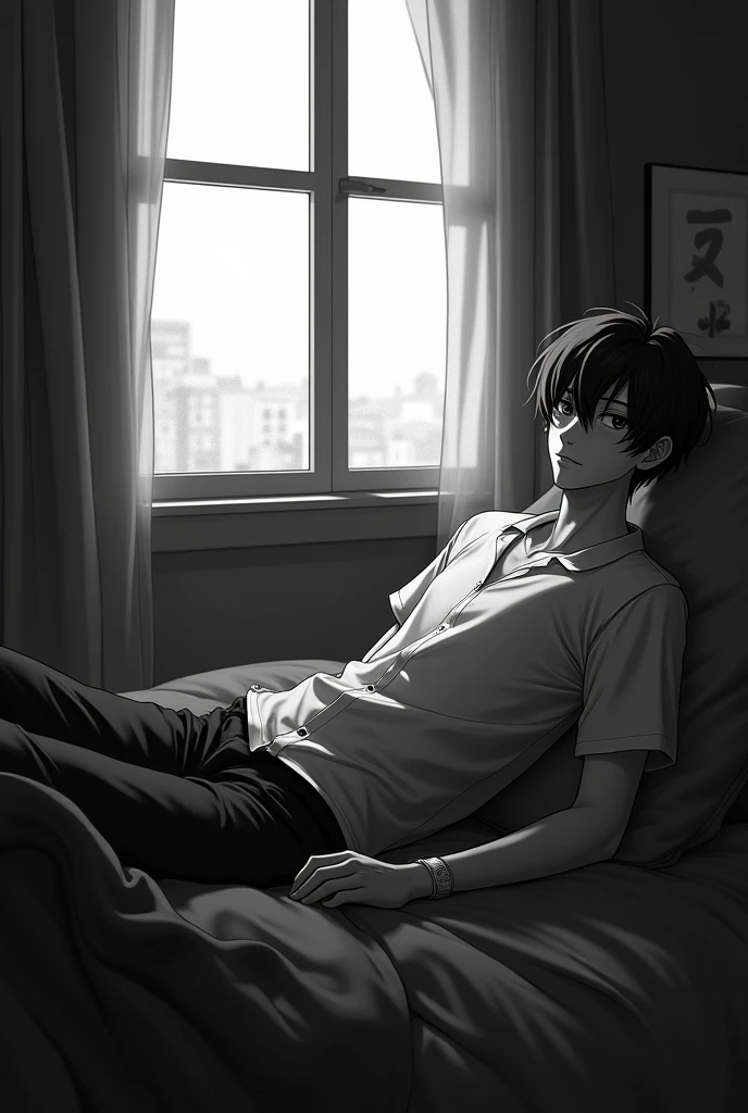 a teen boy in bed with fear of horror front view black and white image managa