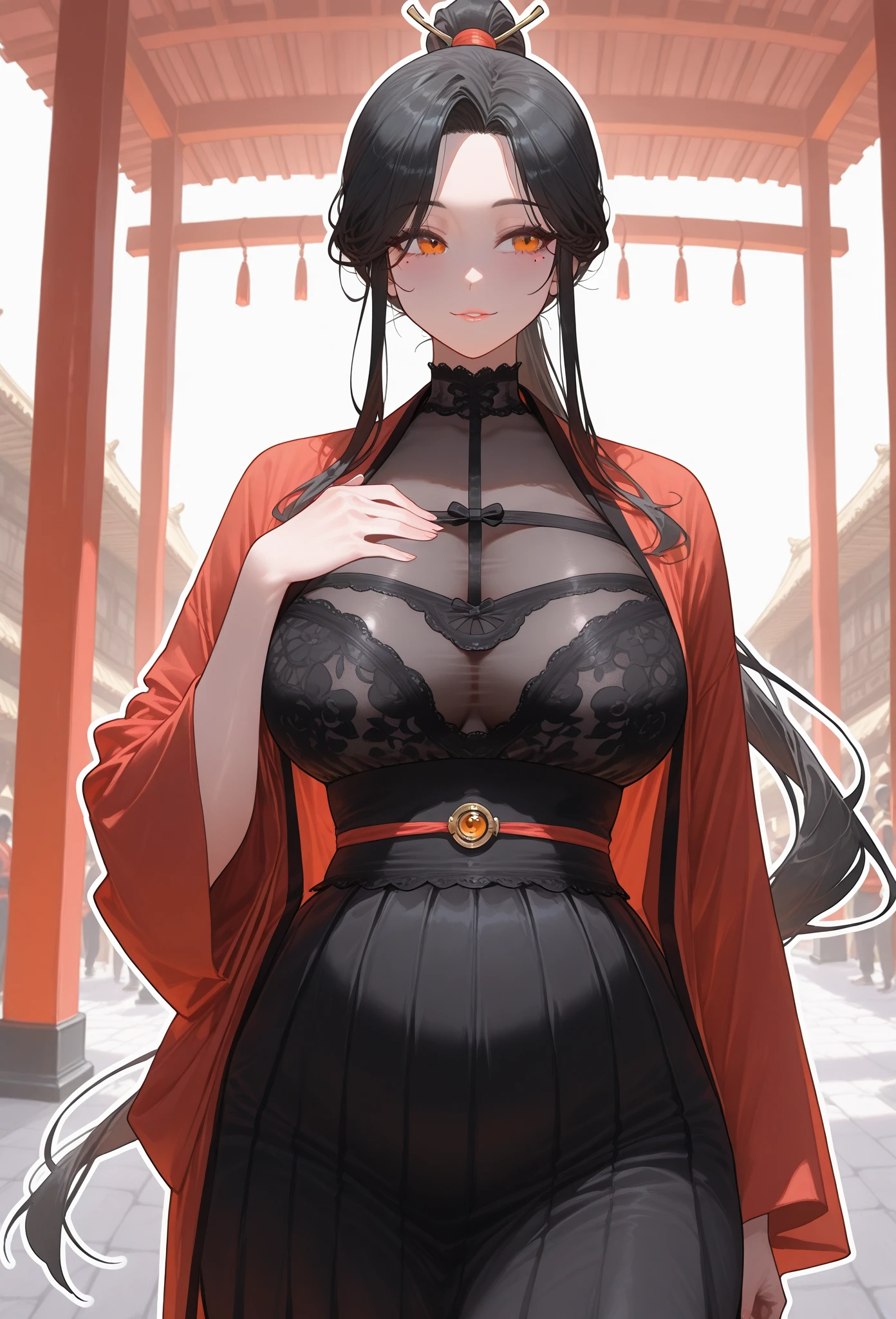 ((black hair), long hair, ponytail), (orange eyes, perfect eyes),
wearing a red oriental kimono (fully dressed shoulders:0.7+kimono covering shoulders:0.7), 
((black sheer bust panel:1.3), bust transparency only), 
standing in an eastern village, samurai in the background, people with oriental looks in the background,
(neutral gaze, mole under eye),
(solo, 1girl), huge body, medium chest, mature woman, (white outline, 6px outline width)