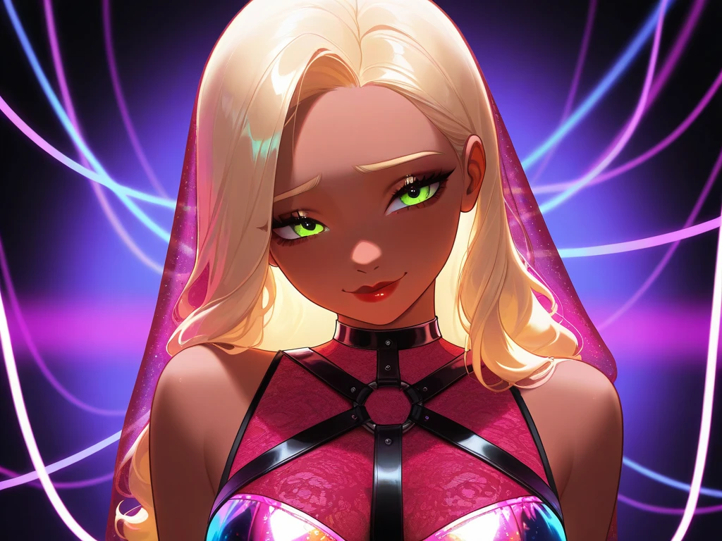 OC, female, semi realism, dark tanned skin, red lips, blonde eyebrows, perfect face, long wavy light Ashe blonde hair with bang,  half-closed Green eyes, sad smile, neon glamorous cyber, sweet aesthetic, harness and lace neon dress, mystic luminescent, sexy, red velvet veil, dangerous, breasts, held by cables