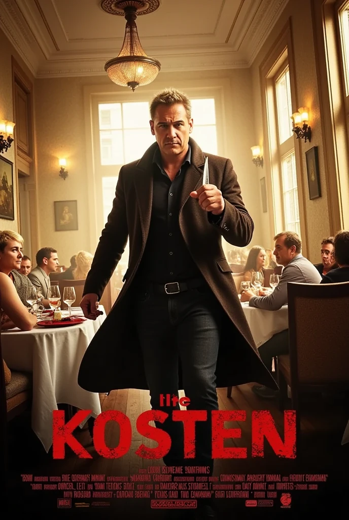 movie poster art with rico as an assassin with a knife in a fancy restaurant that being destroyed in the combat