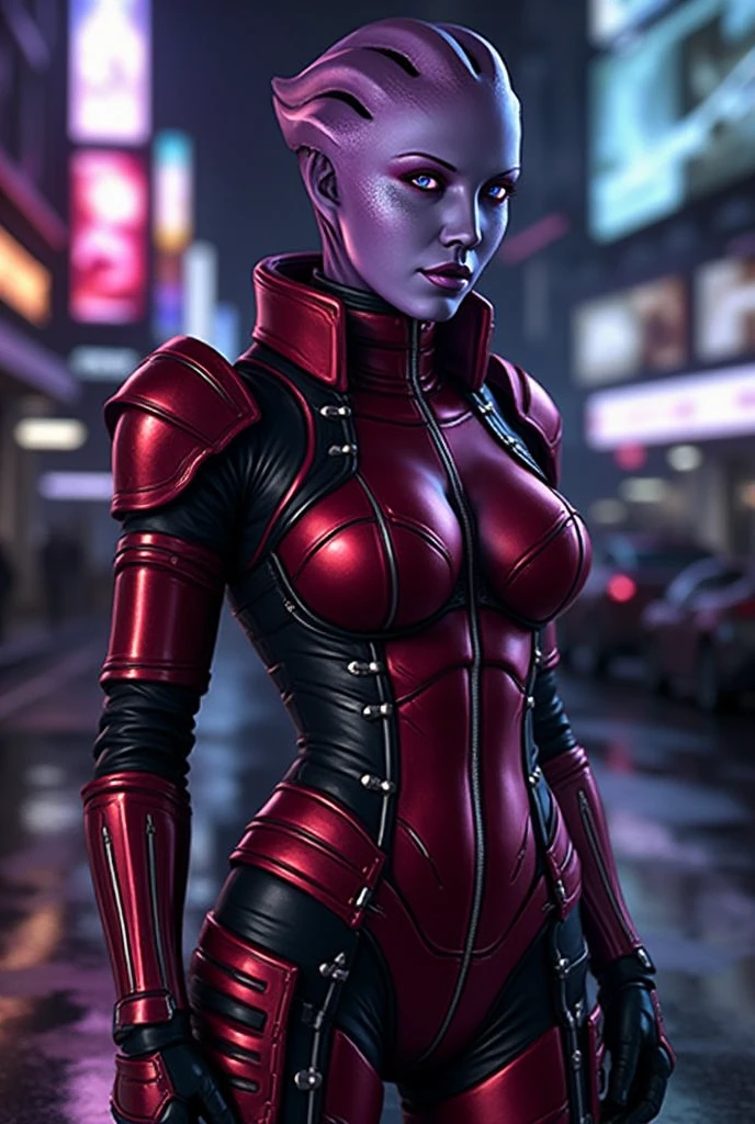 Full-body portrait of a strikingly beautiful Asari woman with rare crimson-wine skin, standing in a futuristic, cyberpunk-inspired setting. Her curvaceous yet athletic figure is emphasized by a sleek, custom tactical infiltrator suit in deep crimson and black, adorned with light armor plating and glowing biotic accents. Her violet eyes are captivating, framed by sharp markings around her elegant head crests, which are adorned with subtle ornamental etchings. She stands poised with a glowing biotic field forming in one hand and a sleek, high-tech pistol in the other. The background features neon-lit skyscrapers and a shadowy, rain-soaked cityscape. Dramatic lighting creates a glowing halo effect around her, highlighting her rare skin tone and intense gaze."
