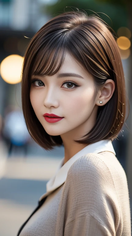 ( Beautiful Slim and Sharp Face ), ( Realistic Brown Eyes :1.28), (( Sharp Eyes :1.2)), ( Perfectly Round Hitomi )、 detailed lips :1.3, Dark Red Lips :1.22, ( DARK EYELINER :1.28), ( Perfectly Rounded Eyes :1.3), ( Pretty Eagle Nose :1.2), ( depth of field ), (Cinematic Light), (lens flare), ( dslr ), ( Top Quality Soft Lighting ), (sharp focus by Fujifilm XT3, f 5.6, In dramatic lighting), ( Highest Quality Realistic Textured Skin ), ( Woman with Velvety Skin :1.3), ( Top Quality Realistic Textured Hair ),  bright brown hair (Comb it up to make waves, Behind the ear), (Firm Breasts ),  slim body,  She's the Incarnation of Beauty and Glamour ,  Business-like Outfit , ( Elegant Fashion :1.25),  Closeup Focused on Face {x} pictures、(Close up her face) Filmed in the company、 elegant short bob cut hair、well-shaped ears、