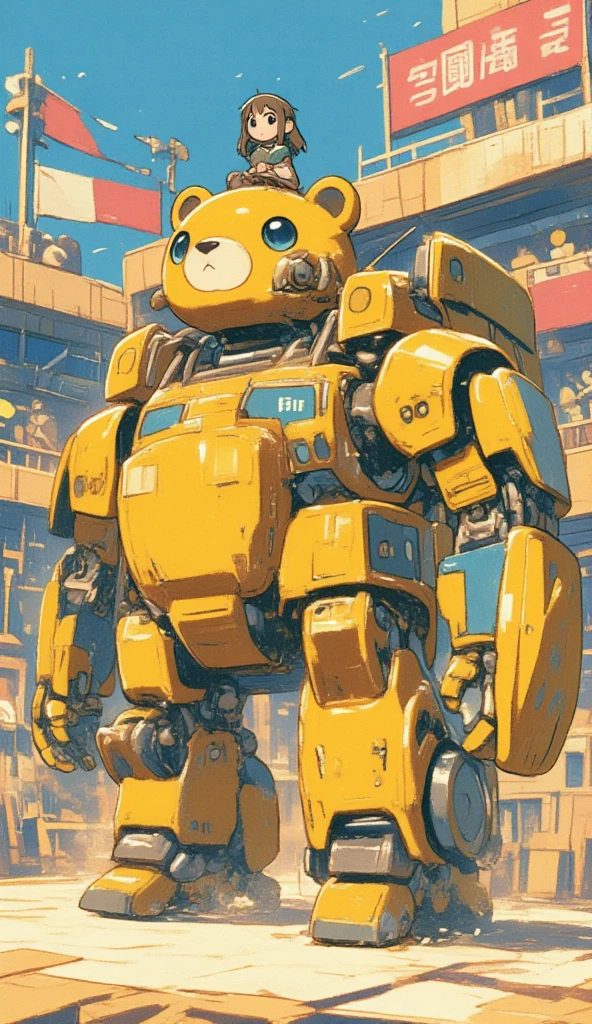 A cute bear shaped robot, it has the head and the body of a fat bear. The robot is holding a shield. On top of the robot sits a girl as its pilot. The robot struck a battle pose inside an arena