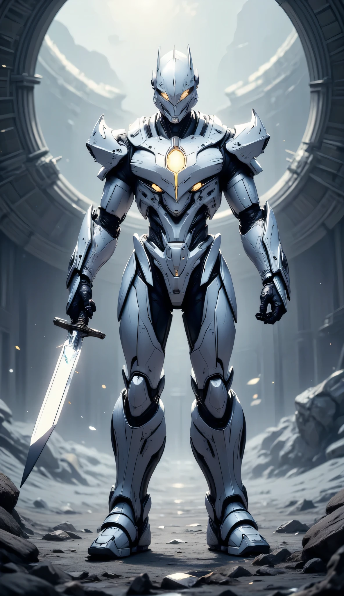 a picture of a white robot, with yellow glowing eye, holding a sword, ready to battle, attacking with the sword in a gladiator arena on the moon, hyp3rd3tail style