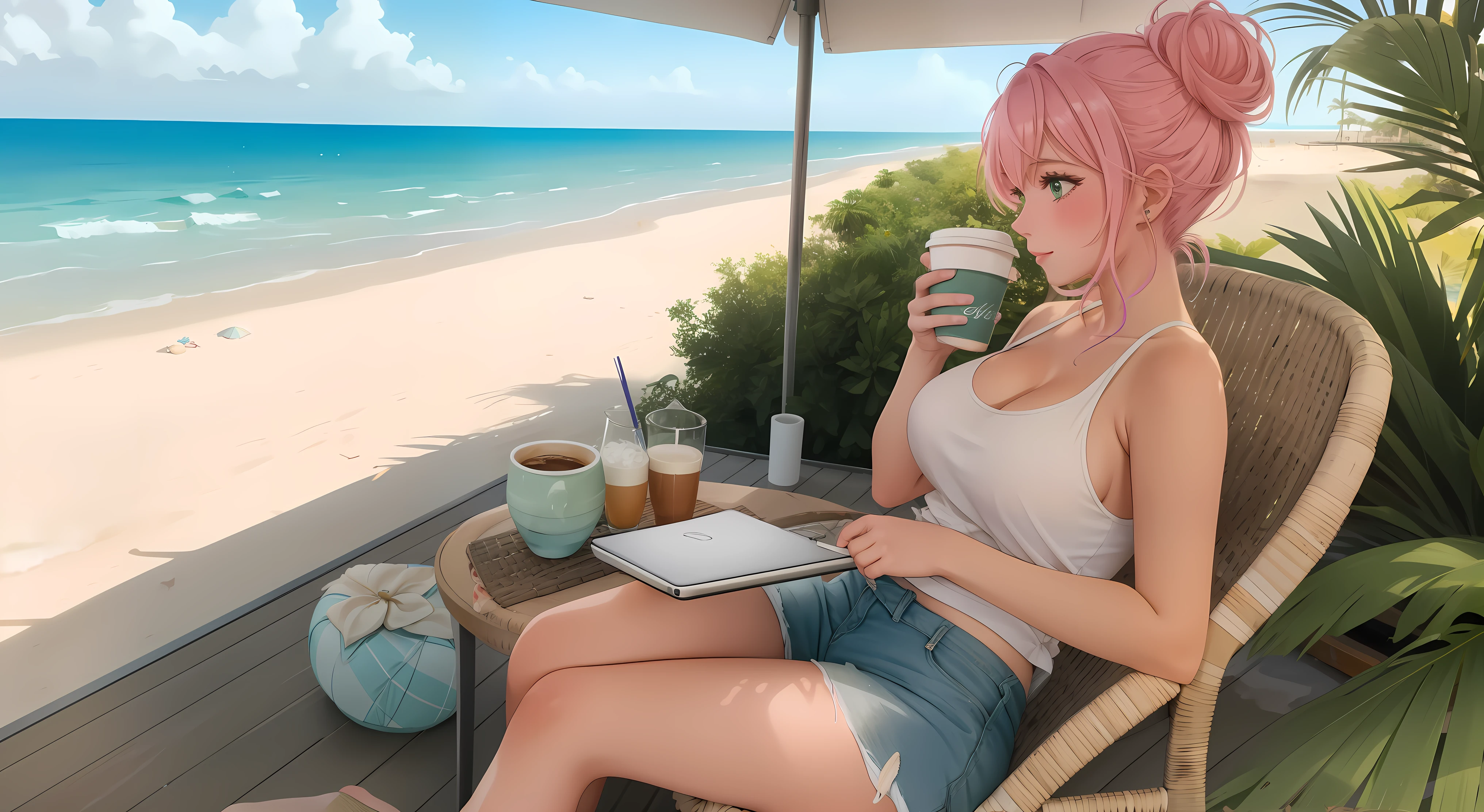 "A woman big breast with pastel green and pink hair styled in a messy bun sits on a wicker chair on a balcony overlooking a peaceful beach at dusk. She wears a black tank top and denim shorts, her posture relaxed but engaged as she types on her laptop. The table beside her holds a cup of coffee and a small seashell for decoration. The ocean sparkles under the fading sunlight, and gentle waves roll onto the sandy shore below. A warm breeze rustles the palm trees nearby, creating a harmonious blend of productivity and the soothing sounds of nature."
