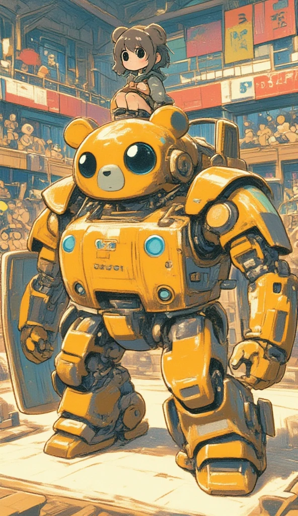 A cute bear shaped robot, it has the head and the body of a fat bear. The robot is holding a shield. On top of the robot sits a girl as its pilot. The robot struck a battle pose inside an arena