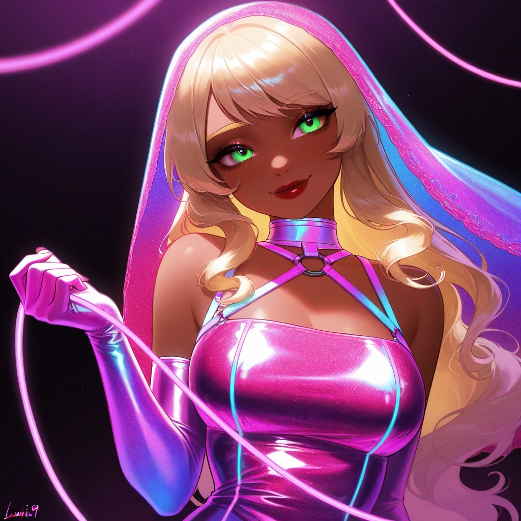 OC, female, semi realism, dark tanned skin, red lips, blonde eyebrows, perfect face, long wavy light Ashe blonde hair with bang,  half-closed Green eyes, cute smile, neon glamorous cyber, sweet aesthetic, harness and lace neon dress, mystic luminescent, sexy, red velvet veil, dangerous, breasts, held by cables