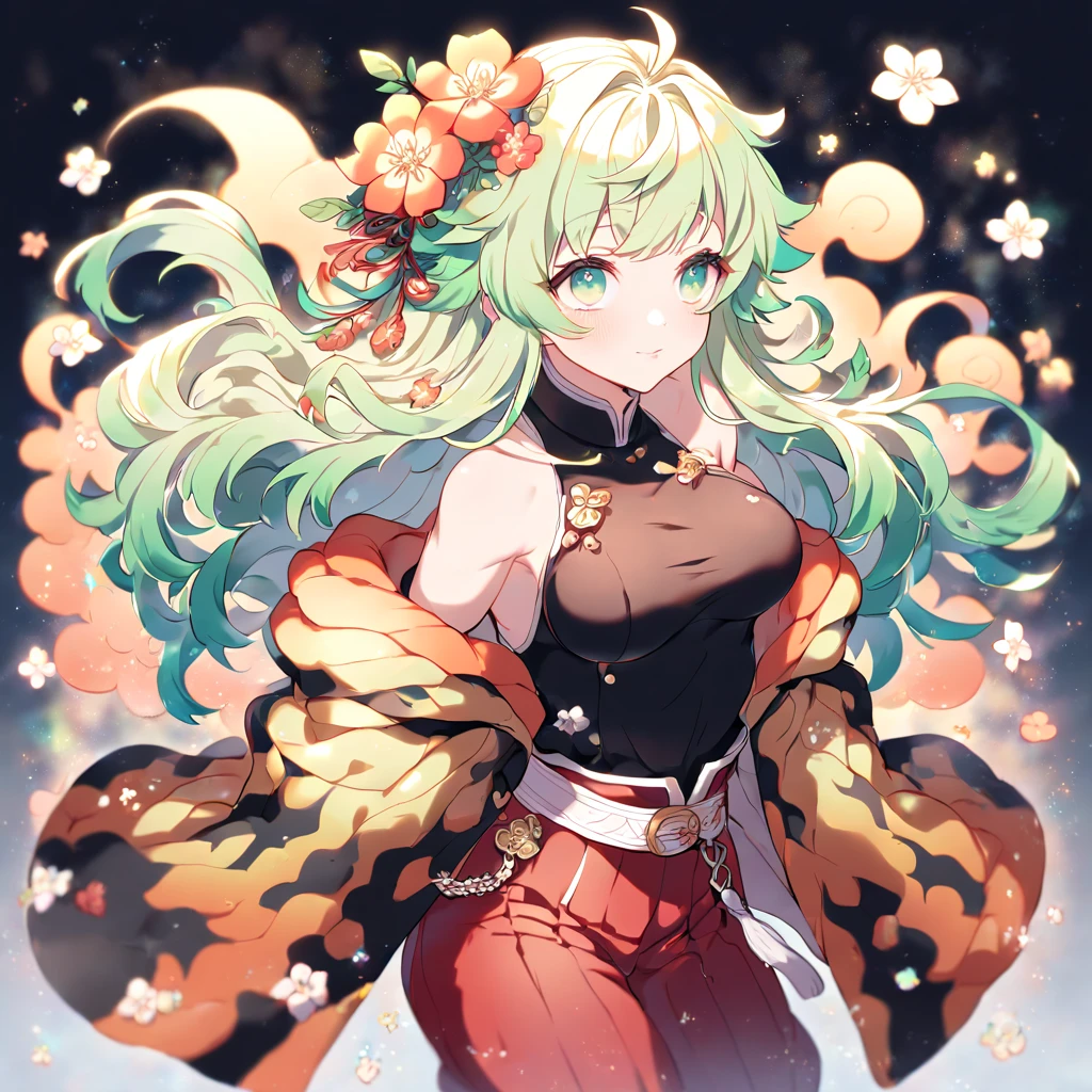 (beautiful woman, wavy hair, Light green hair), smiling lightly, big breasts, cleavage, (kimono:1.4, antique pattern, ruffles:1.2), (antique design), short boots,Full Body、 antique background, simple background, (top quality, masterpiece, high resolution,detailed),animated style,flat style,(eyes shining iridescent colors illuminated light,detailed beautiful face), BREAK,extremely detailed,high saturation,floating,dynamic angles,animated