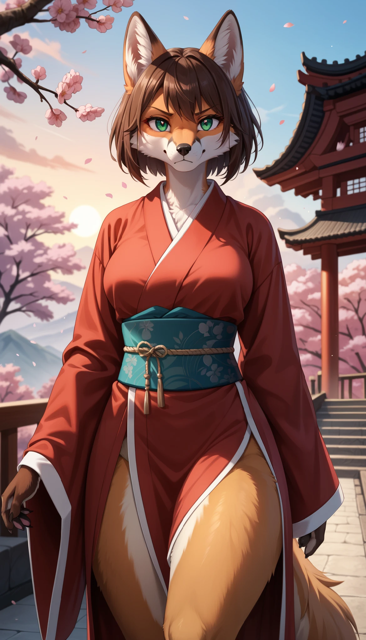 score_9, score_8_up, score_7_up, source_furry, (detailed eyes, beautiful eyes, black pupils, pupils)1.2, (beautiful, detailed background, very aesthetic, digital artwork, digital art, well shaded artwork, depth)1.2, 1girl, female, furry, anthro, fox, fluffy, detailed fluffy fur, japanese temple setting, sunset, red kimono, straight hair, brown hair, short hair, clothed, clothing, green eyes, annoyed eyes, walking, 19-year-old girl, medium breast, thick thighs, front view