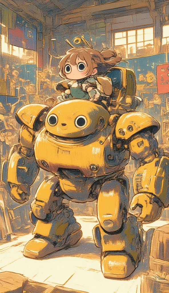 A cute bear shaped robot, it has the head and the body of a fat bear. The robot is holding a shield. On top of the robot sits a girl as its pilot. The robot struck a battle pose inside an arena